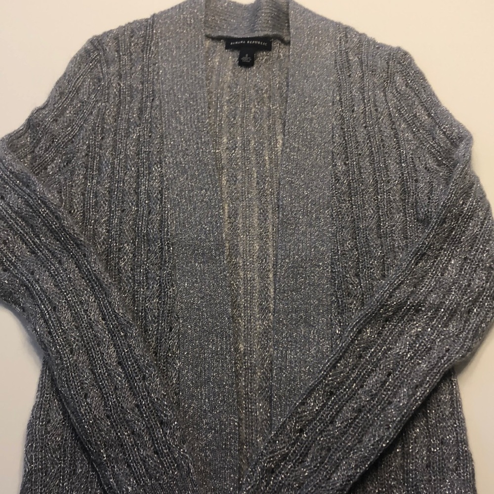 Silver cardigan - great cover-up for weddings!